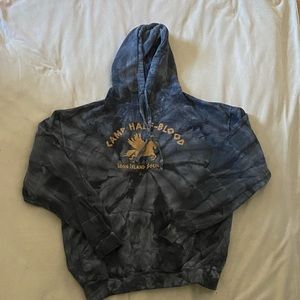 Colortone, black and grey tie dye with orange writing, camp half blood hoodie